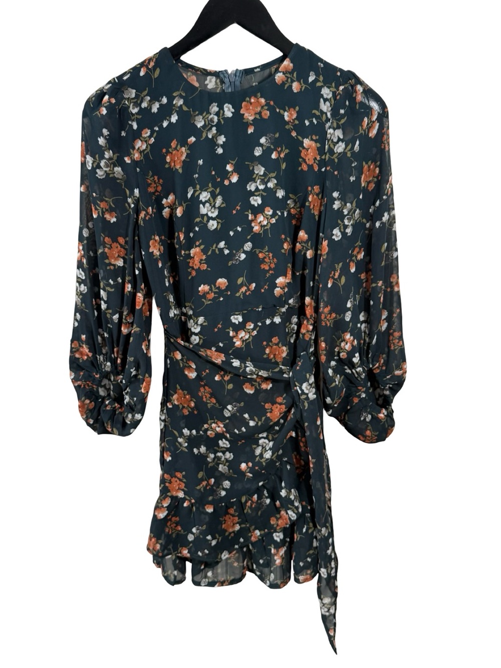 Dark Teal Floral Long Sleeve Wrap Dress with Rust Blooms